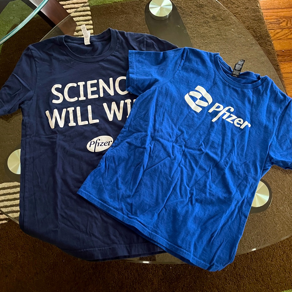 Lot Of 2 Pfizer Short Sleeve Tee Shirts, Both Fit Like Sz Xs, 100% Cotton